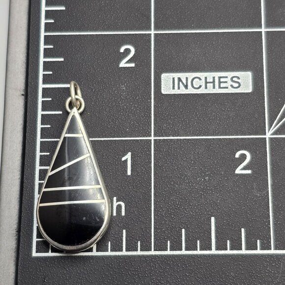 VTG Sterling Silver Black Onyx Inlay Pendant 1.5" Native Style Teardrop - Picture 6 of 9